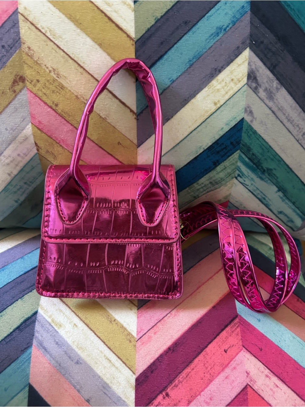 Metallic Hot Pink Croc-Embossed Mini Top-Handle Bag